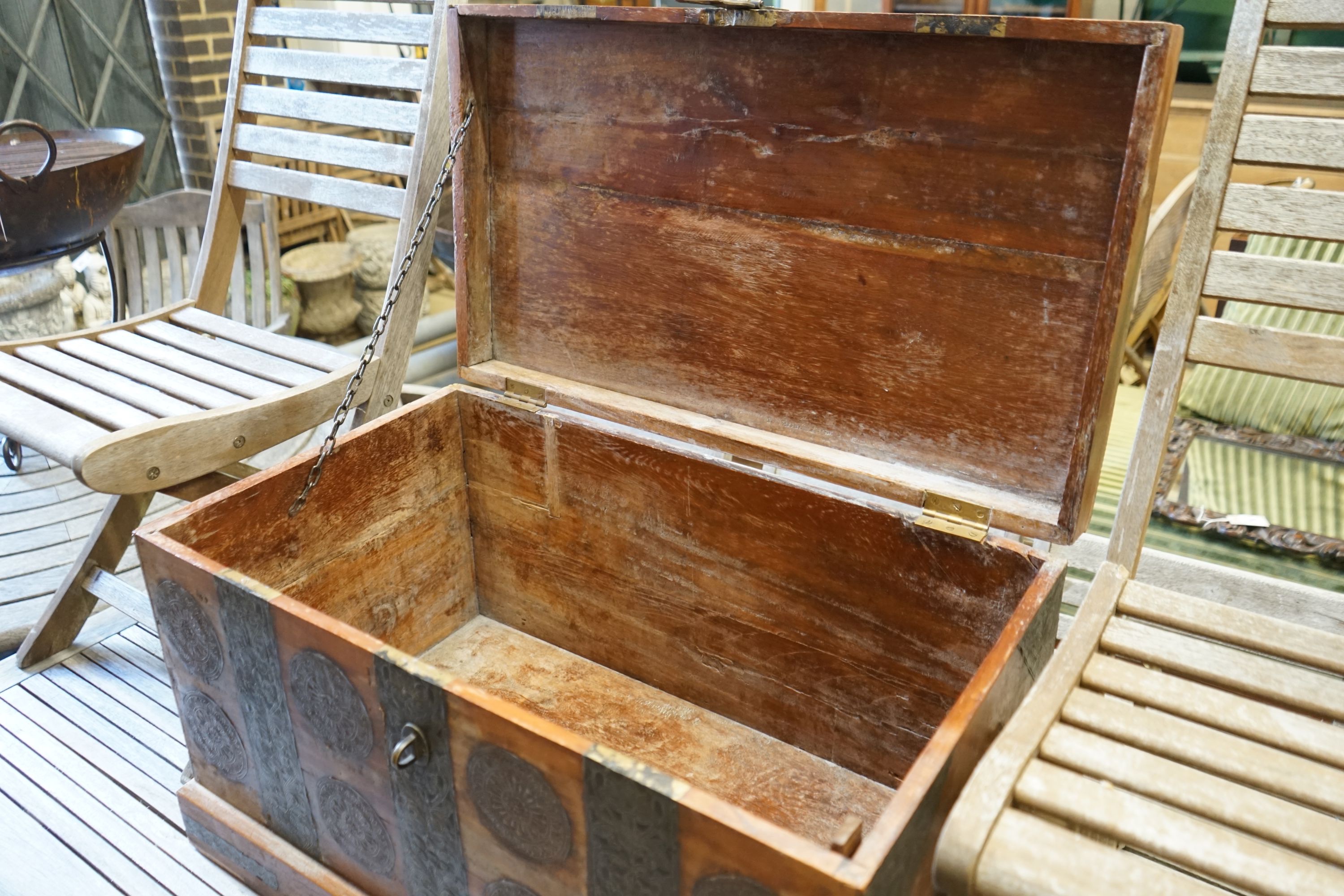 An Indian hardwood and embossed brass trunk, width 76cm depth 44cm height 46cm